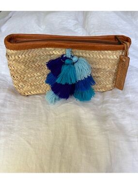 Woven Straw Clutch with Blue Tassel Accent